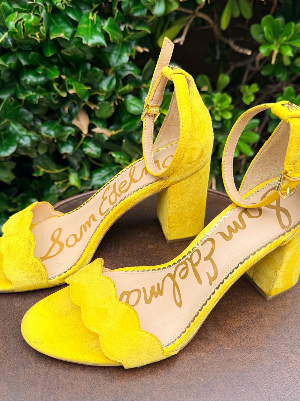 Sam Edelman Bright Yellow Suede Scalloped Block Heel Sandals